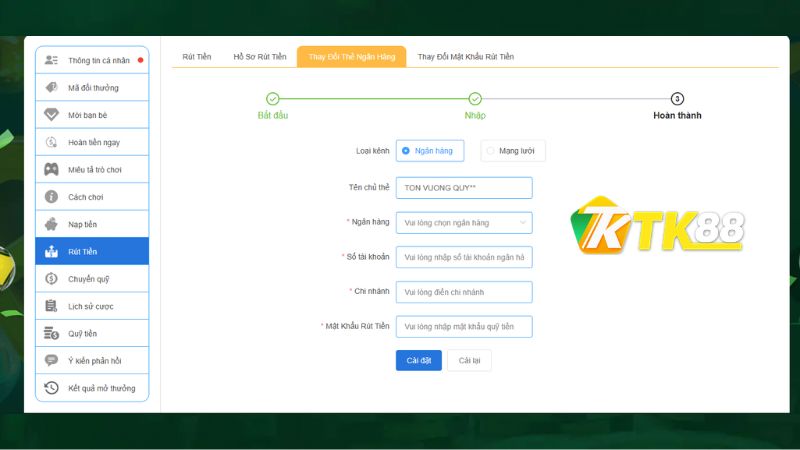 Giao diện rút tiền TK88